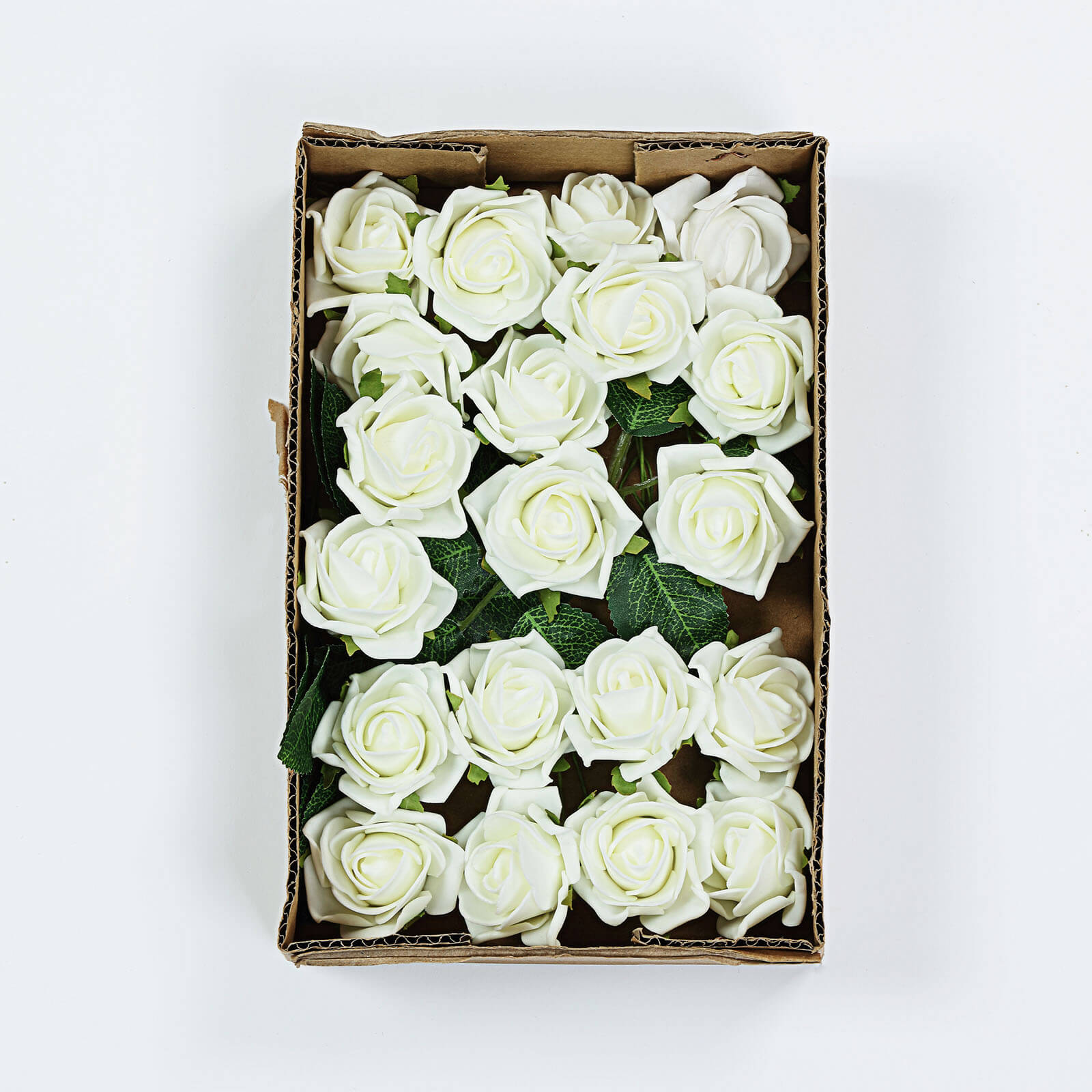 Ivory Foam Flowers 2 Inch with Stem and Leaves Artificial 24 Roses