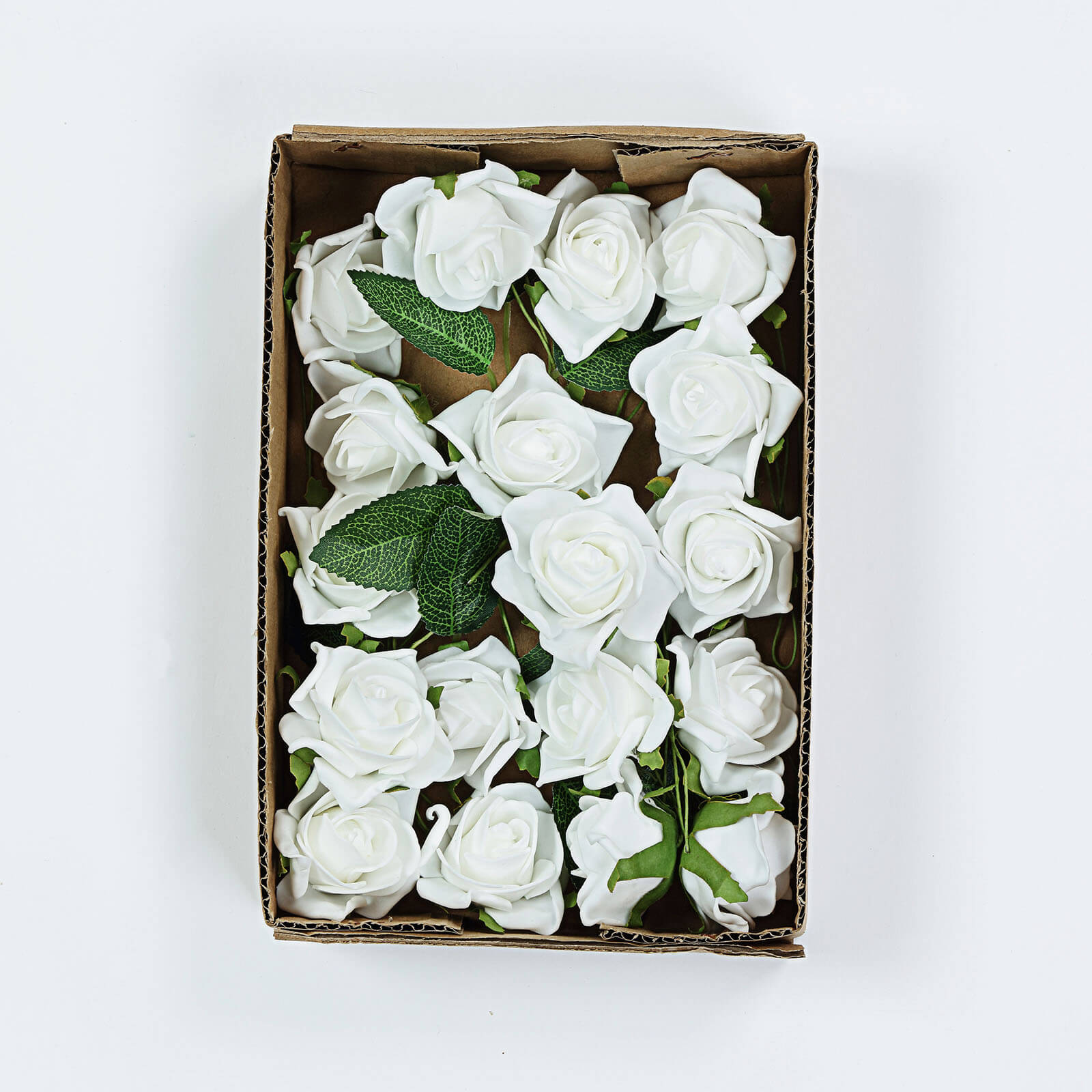 Artificial White Foam Flowers 2 Inch with Flexible Stems and Leaves 24 Roses