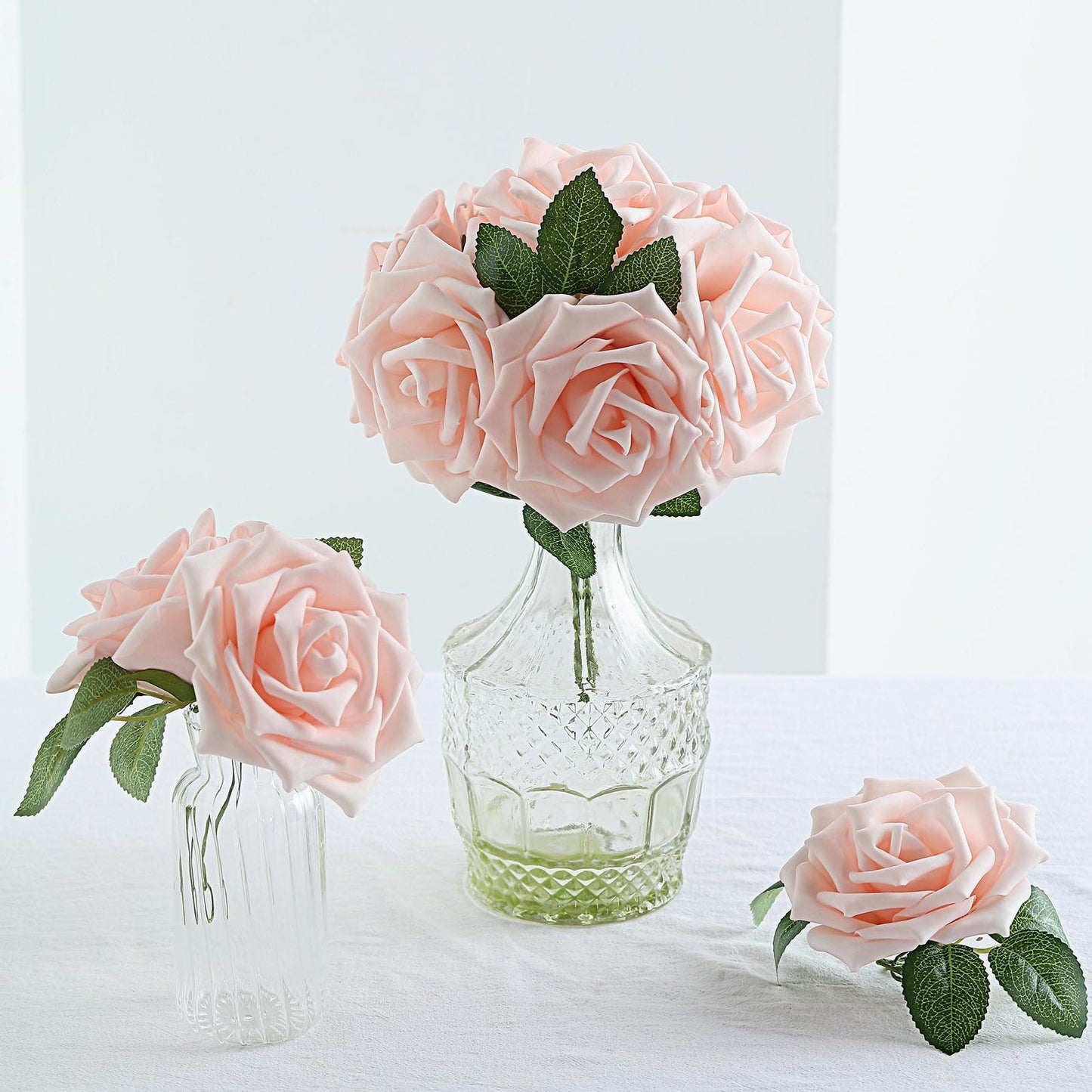 Artificial Foam Flowers 5 Inch with Rose Gold Blush Stem and Leaves Flexible 24 Roses