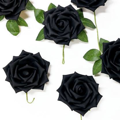 Artificial Foam Flowers 5 Inch Black Stem and Leaves Flexible 24 Roses