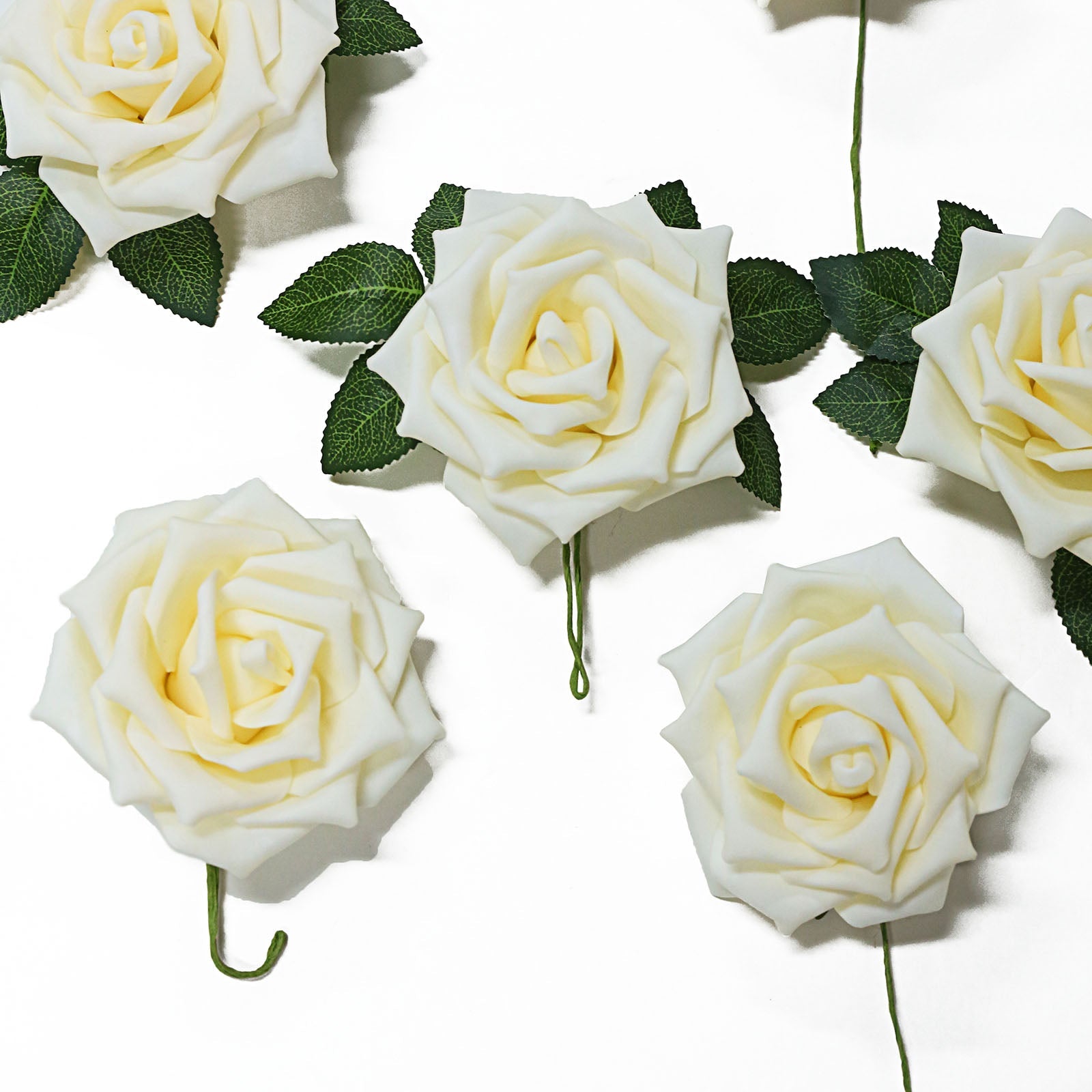 24 Roses of Cream Foam Roses 5 Inch With Flexible Stem and Leaves