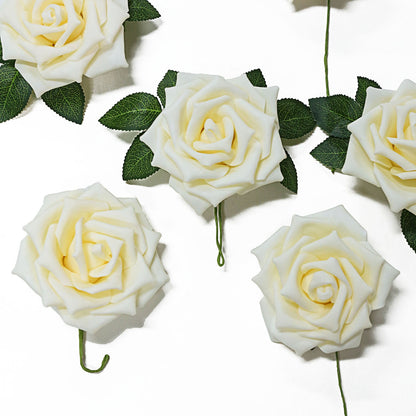 24 Roses of Cream Foam Roses 5 Inch With Flexible Stem and Leaves