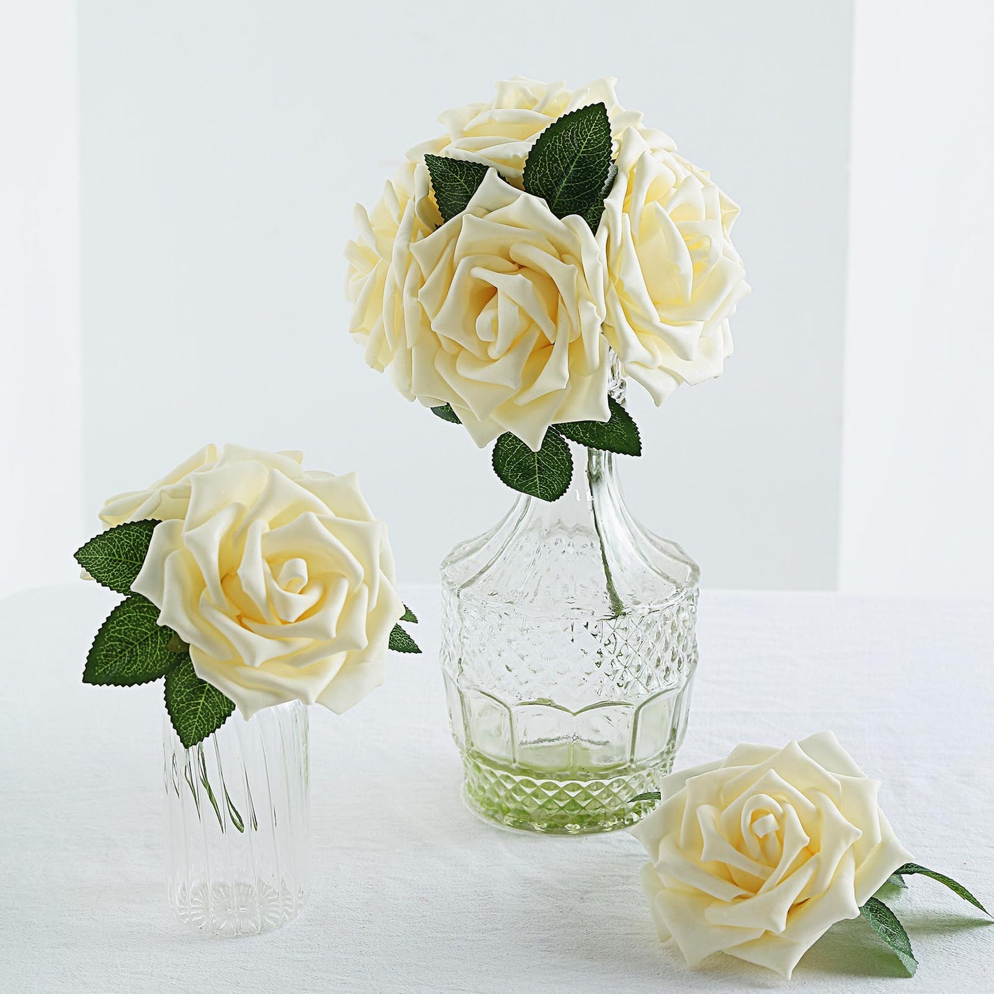 24 Roses of 5 Inch Cream Foam Roses with Flexible Stems and Leaves