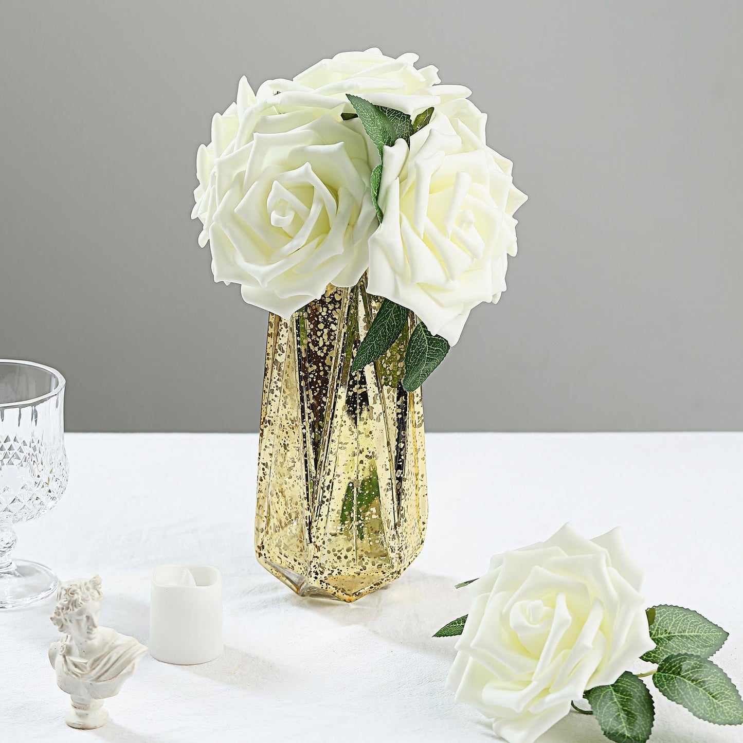 24 Roses | 5" Ivory Artificial Foam Flowers With Stem Wire and Leaves