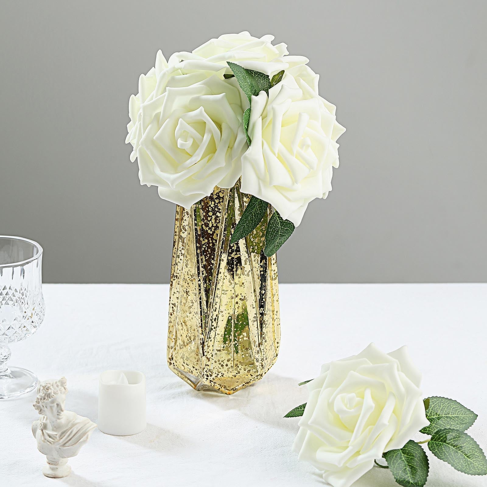 24 Roses | 5" Ivory Artificial Foam Flowers With Stem Wire and Leaves