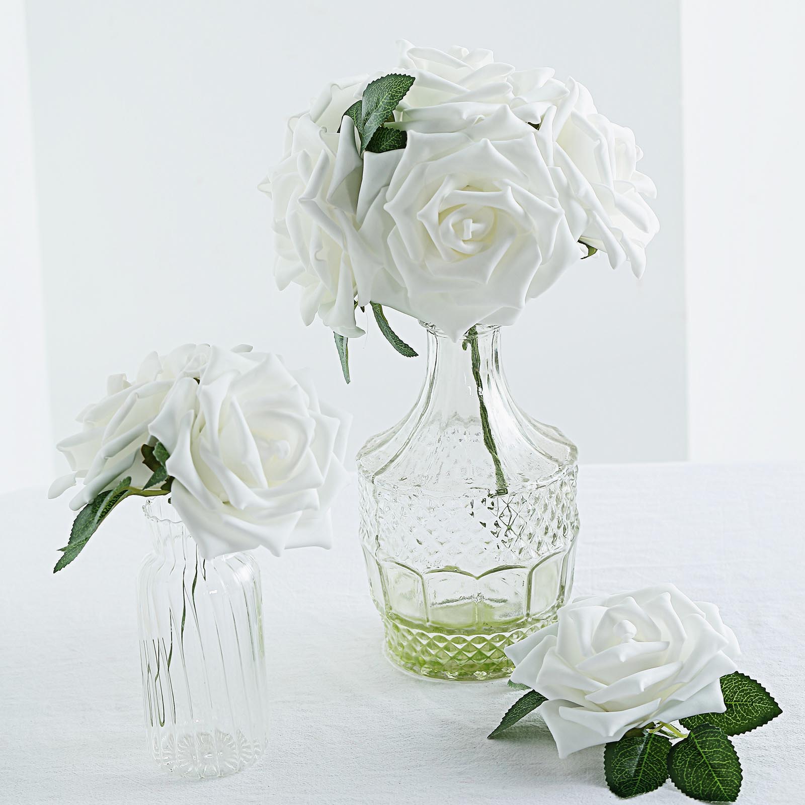 White Artificial Foam Flowers 5 Inch with Flexible Stem and Leaves 24 Roses