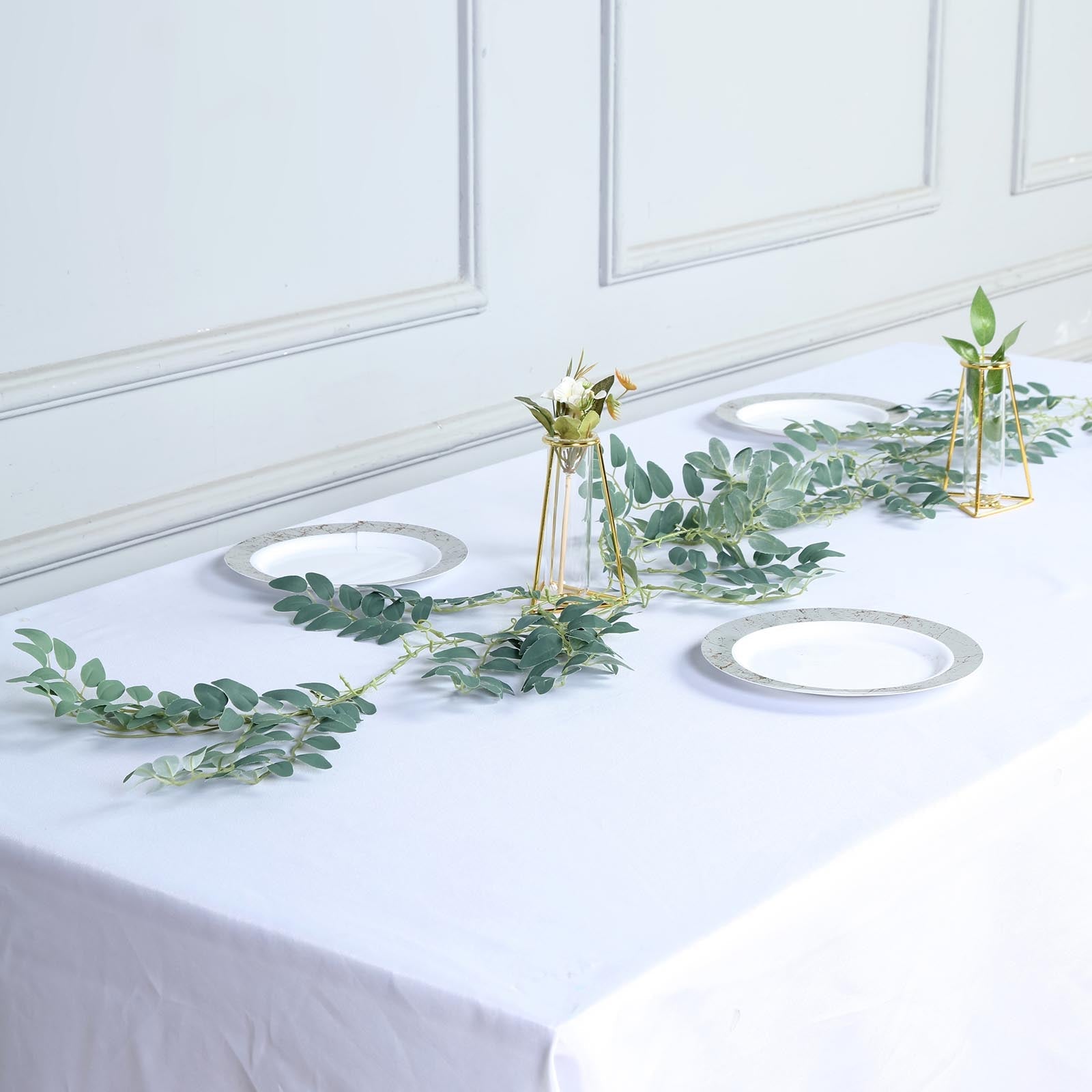6ft green artificial honey locust leaf garland on a table setting