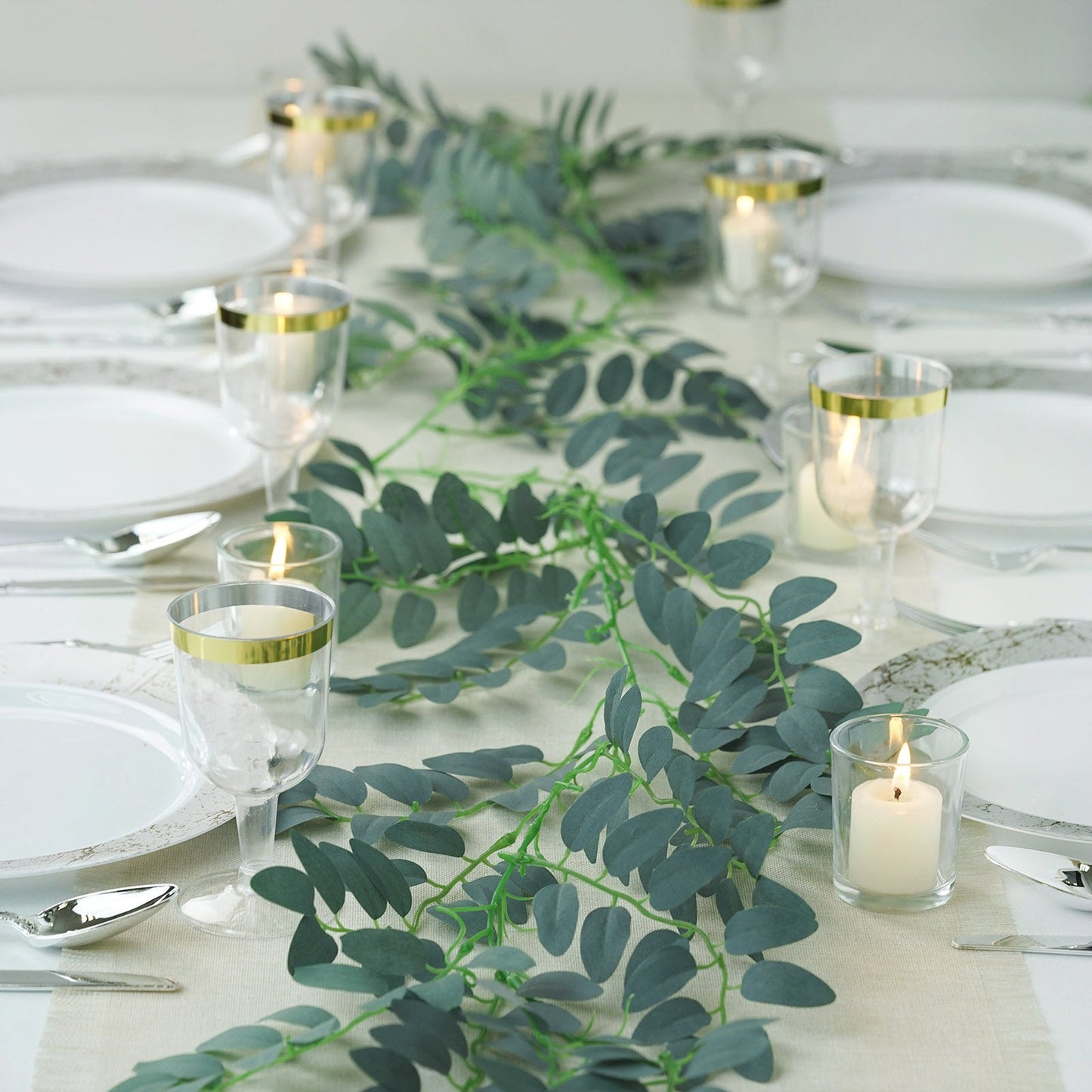 6ft green artificial honey locust leaf garland for table decor.