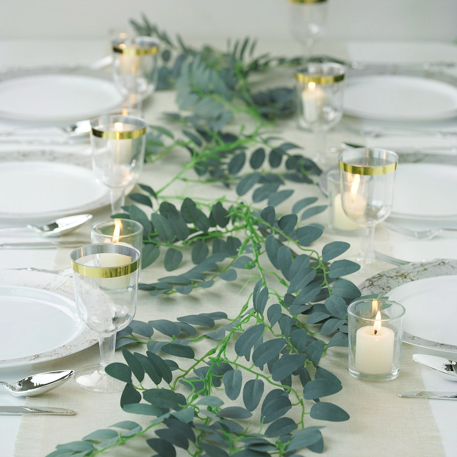 6ft green artificial honey locust leaf garland for table decor.