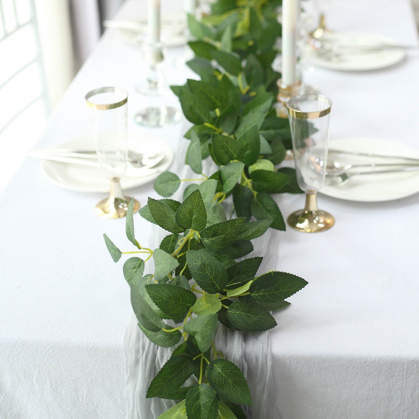 6ft | Real Touch Green Artificial Silk Rose Leaf Table Garland, Flexible Hanging Greenery Vine