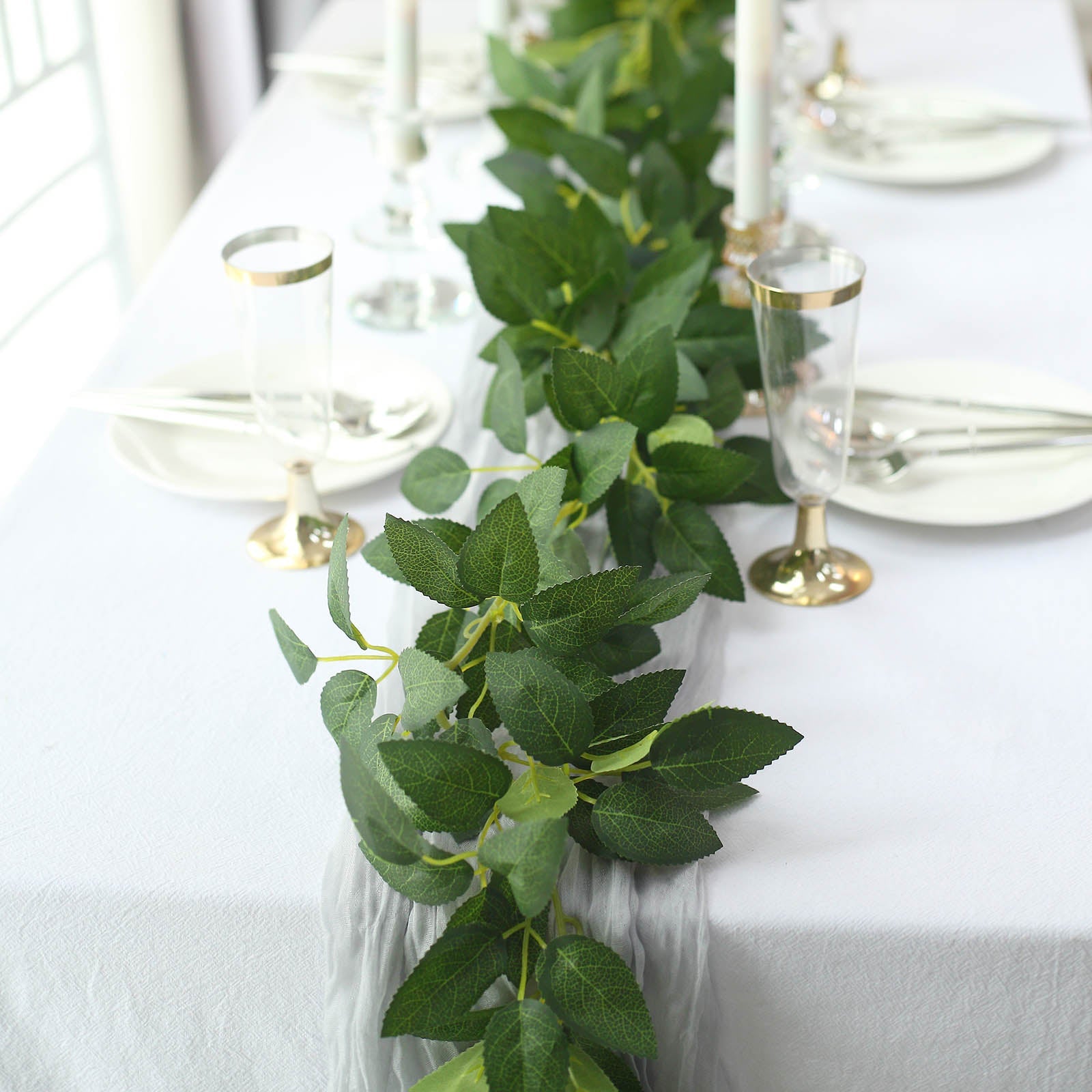 6ft | Real Touch Green Artificial Silk Rose Leaf Table Garland, Flexible Hanging Greenery Vine