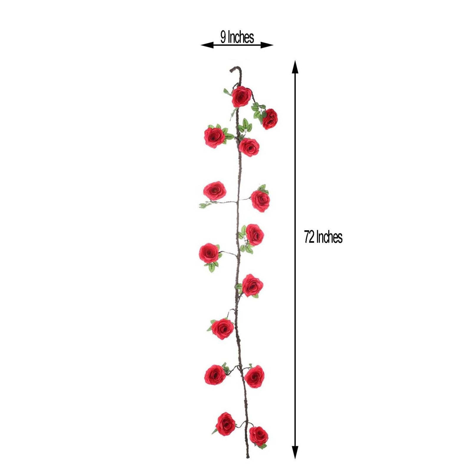 Red artificial silk rose hanging flower garland, 6ft faux vine decoration.
