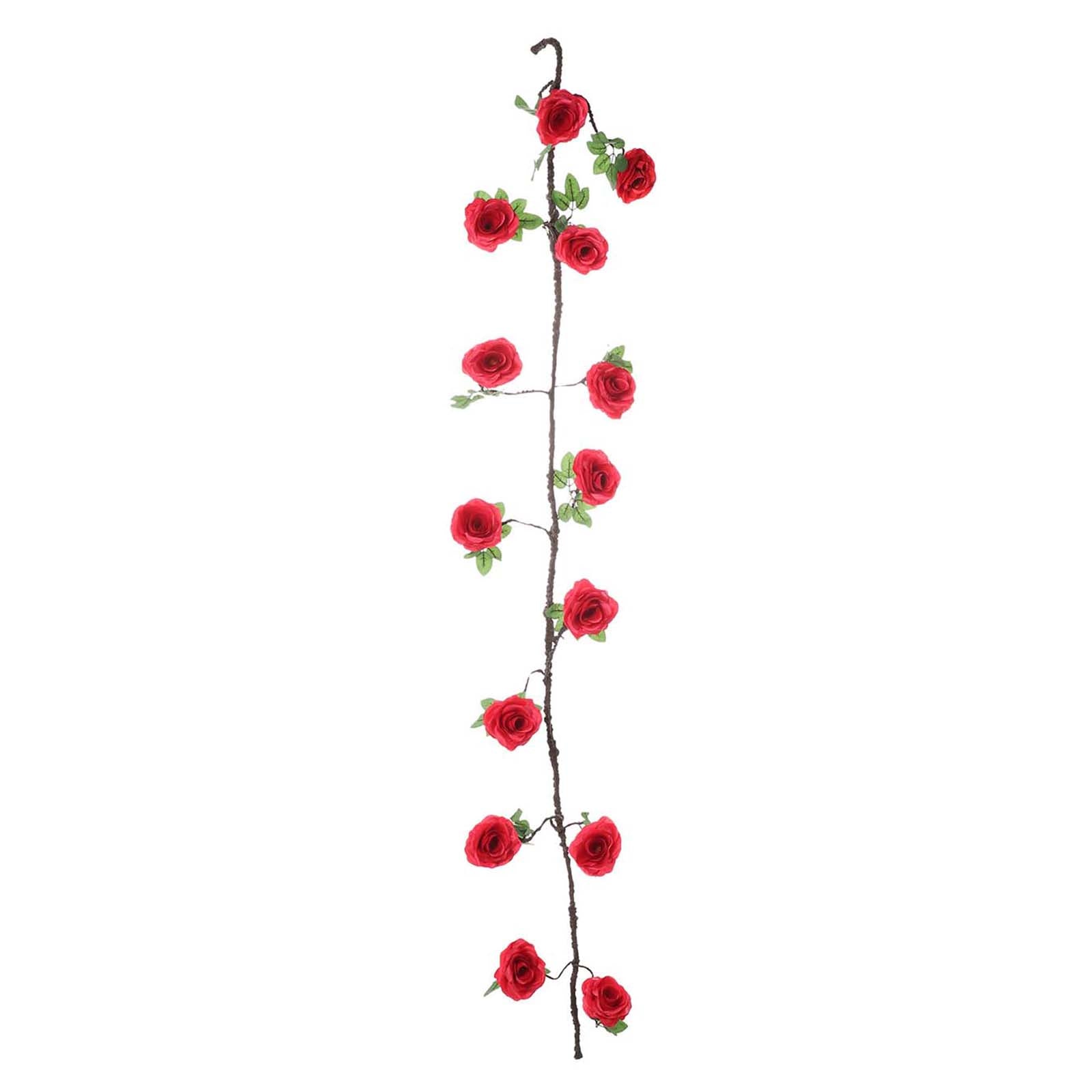 Red artificial silk rose hanging flower garland, faux vine.