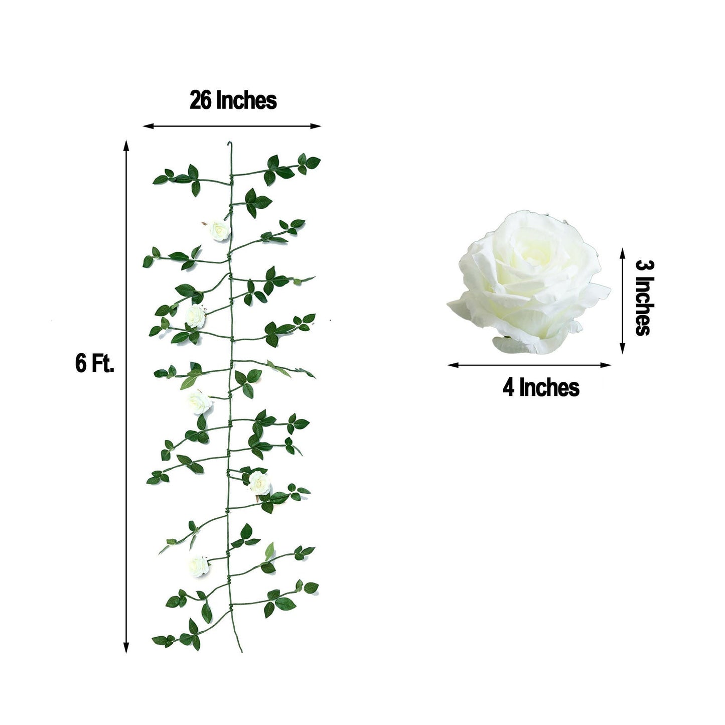 Cream artificial rose and leaf flower garland vine, 6ft long.