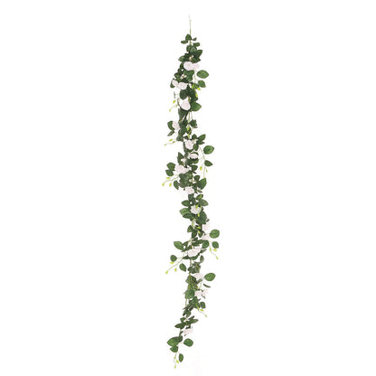 Blush artificial silk rose garland vine with green leaves, 6ft long.