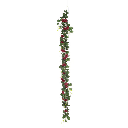 Burgundy artificial silk roses flower garland hanging vine.