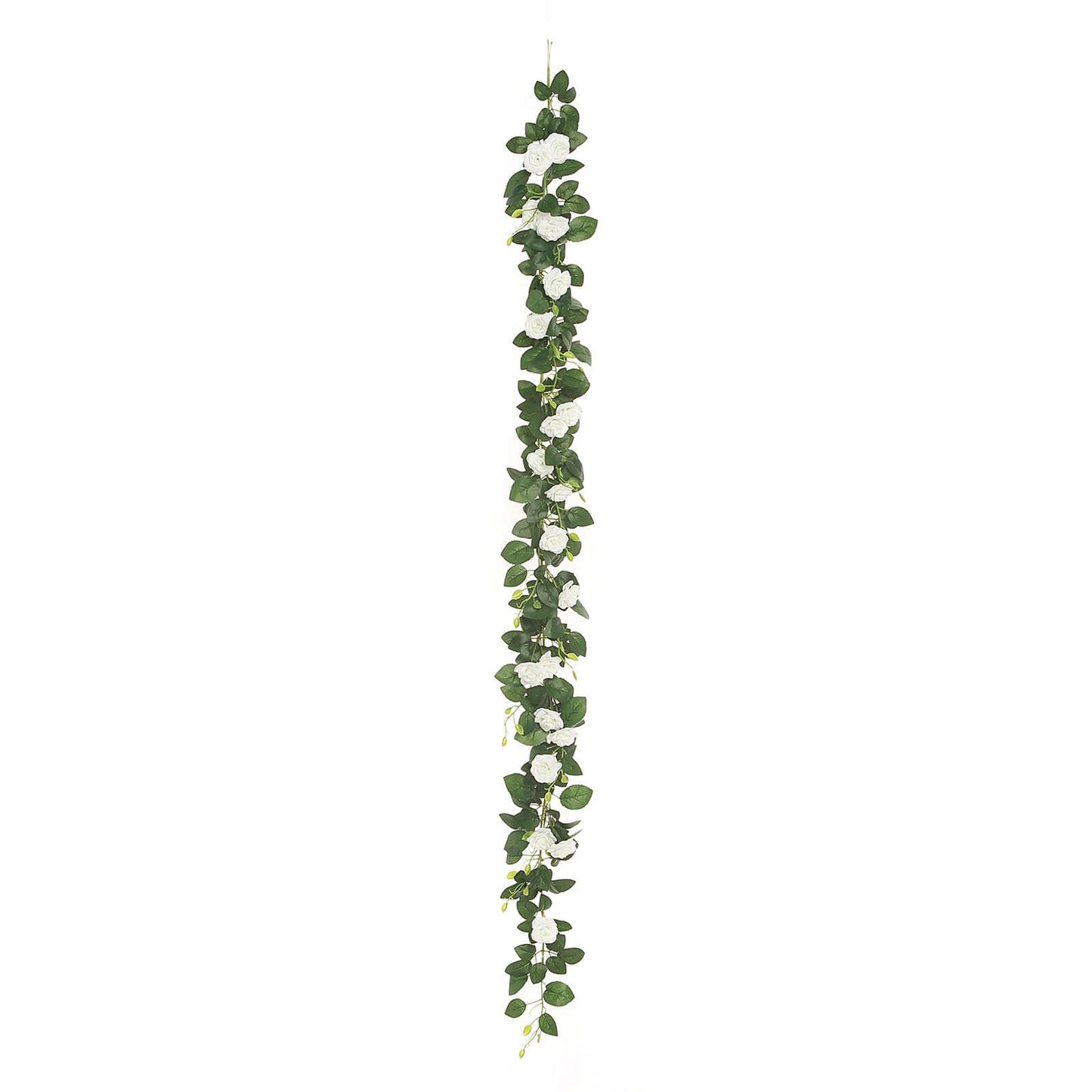 Cream artificial silk rose garland with green leaves, 6ft long.