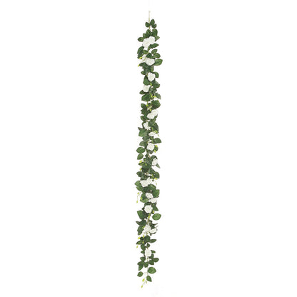 Cream artificial silk rose garland with green leaves, 6ft long.