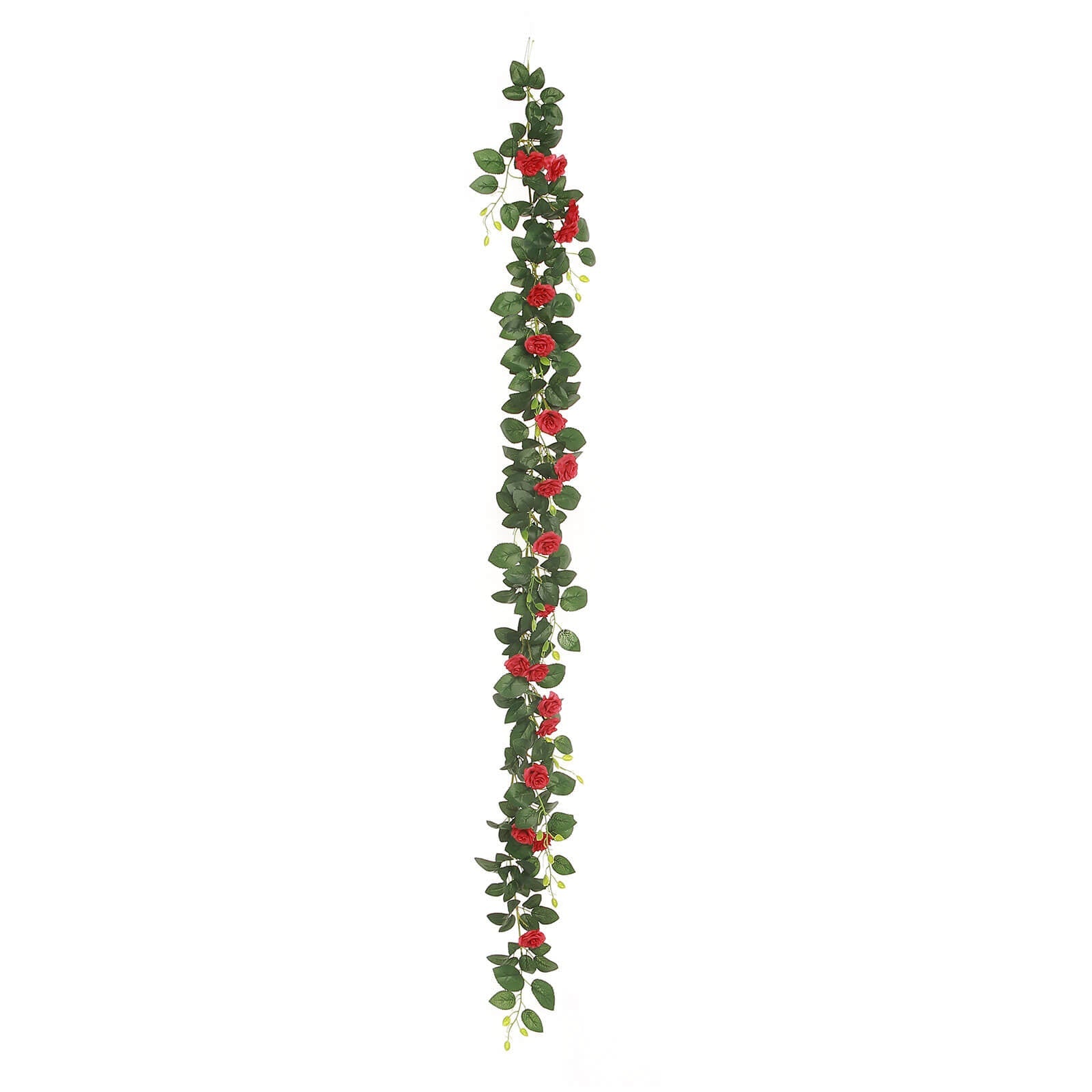 Red artificial silk roses flower garland with green leaves, 6ft long.