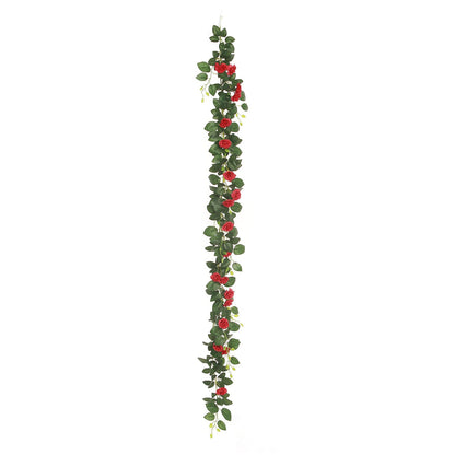 Red artificial silk roses flower garland with green leaves, 6ft long.