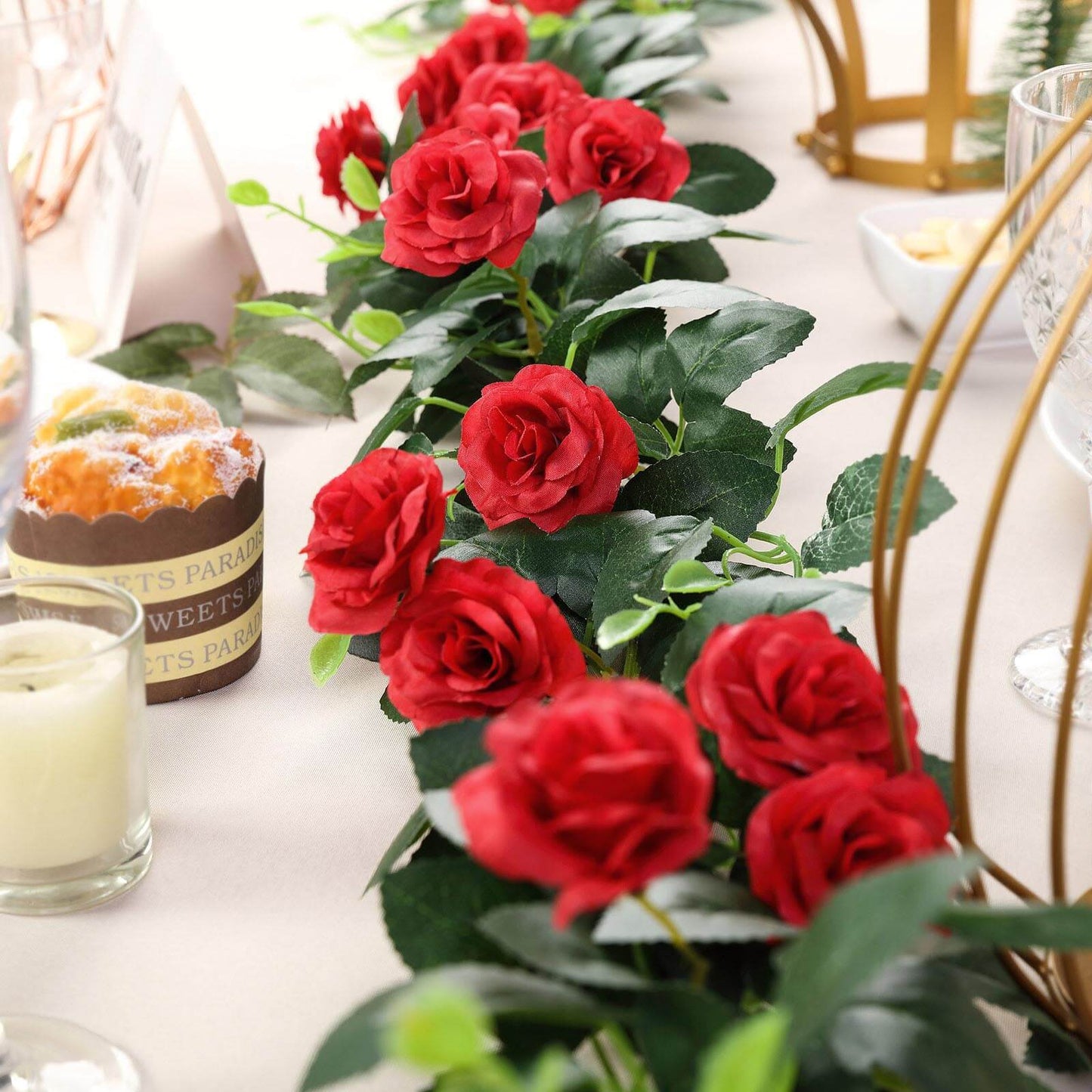 Red artificial silk roses flower garland, 6ft long, perfect for decor.
