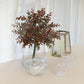 Frosted green and red artificial eucalyptus plant in a clear vase.