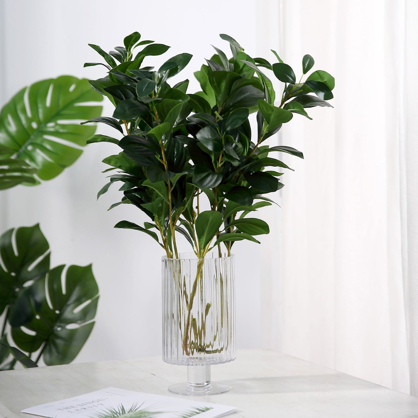 26" Green Artificial Lemon Leaf Branches in a clear vase. Faux greenery plant.