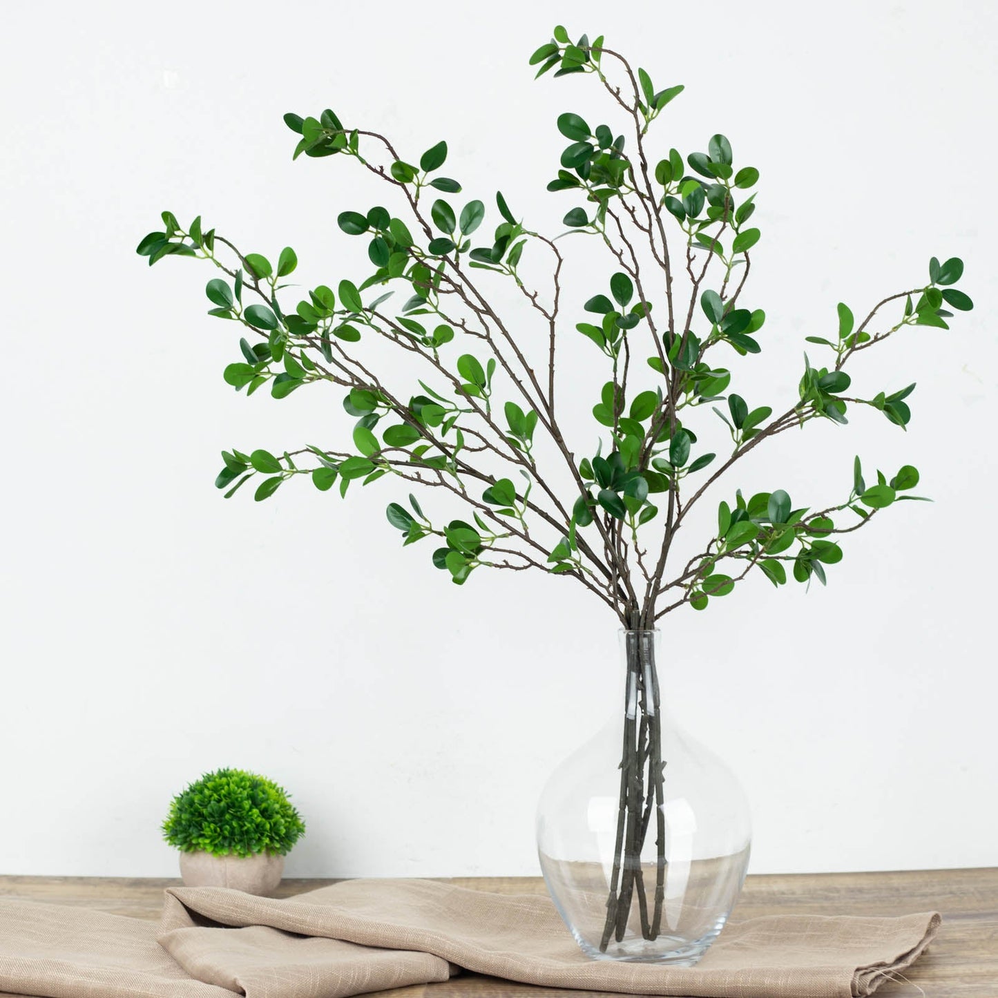 Green artificial ficus branches in a clear vase.