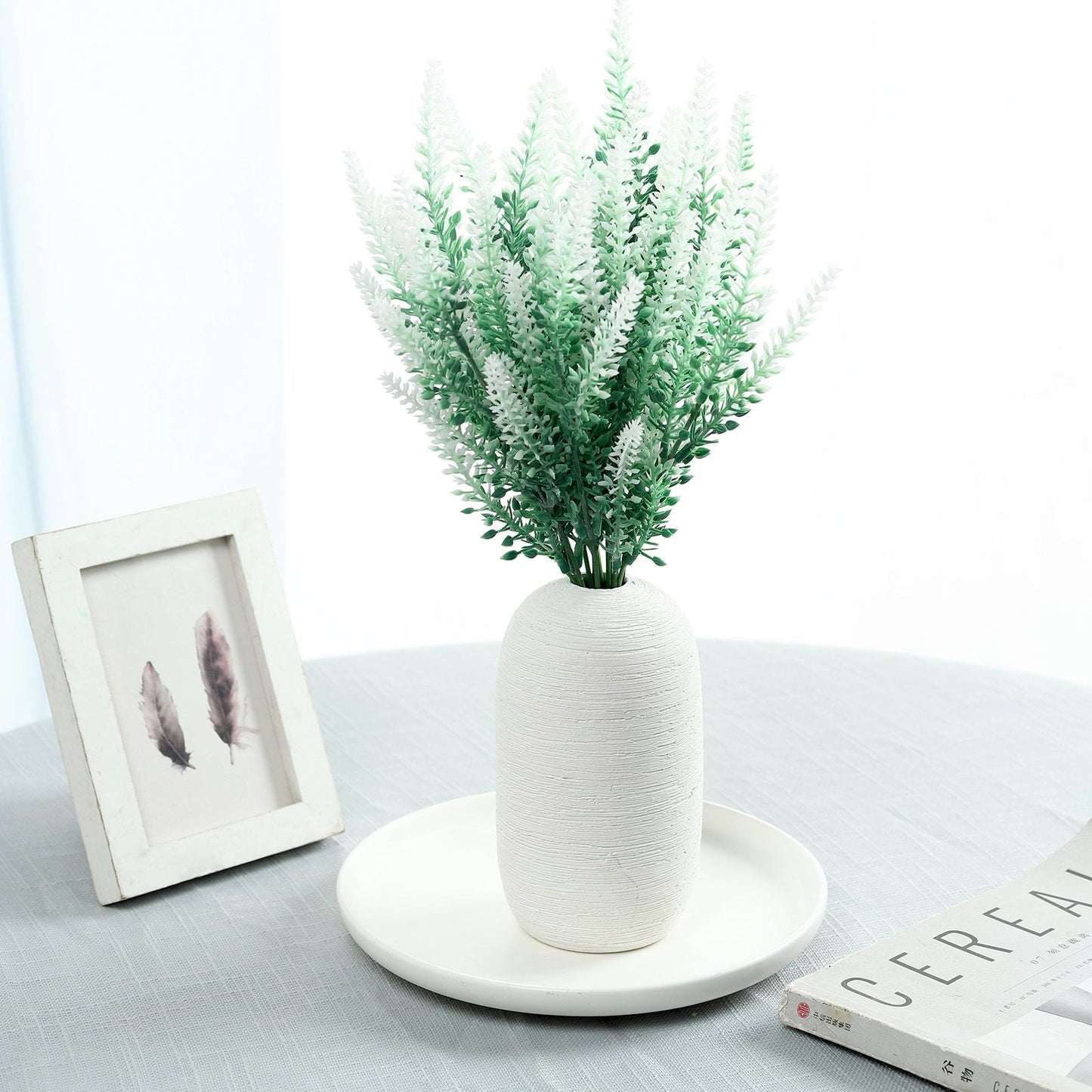 14" Green/White Artificial Lavender Flower Plant Stems in a White Vase