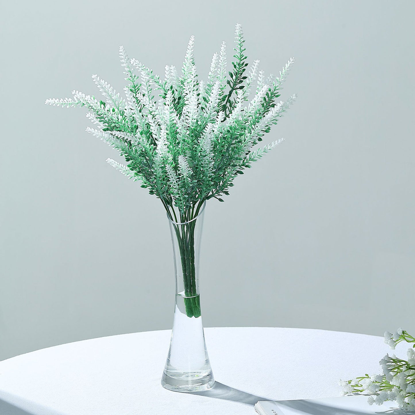 14" Green/White Artificial Lavender Flower Plant Stems in a vase.