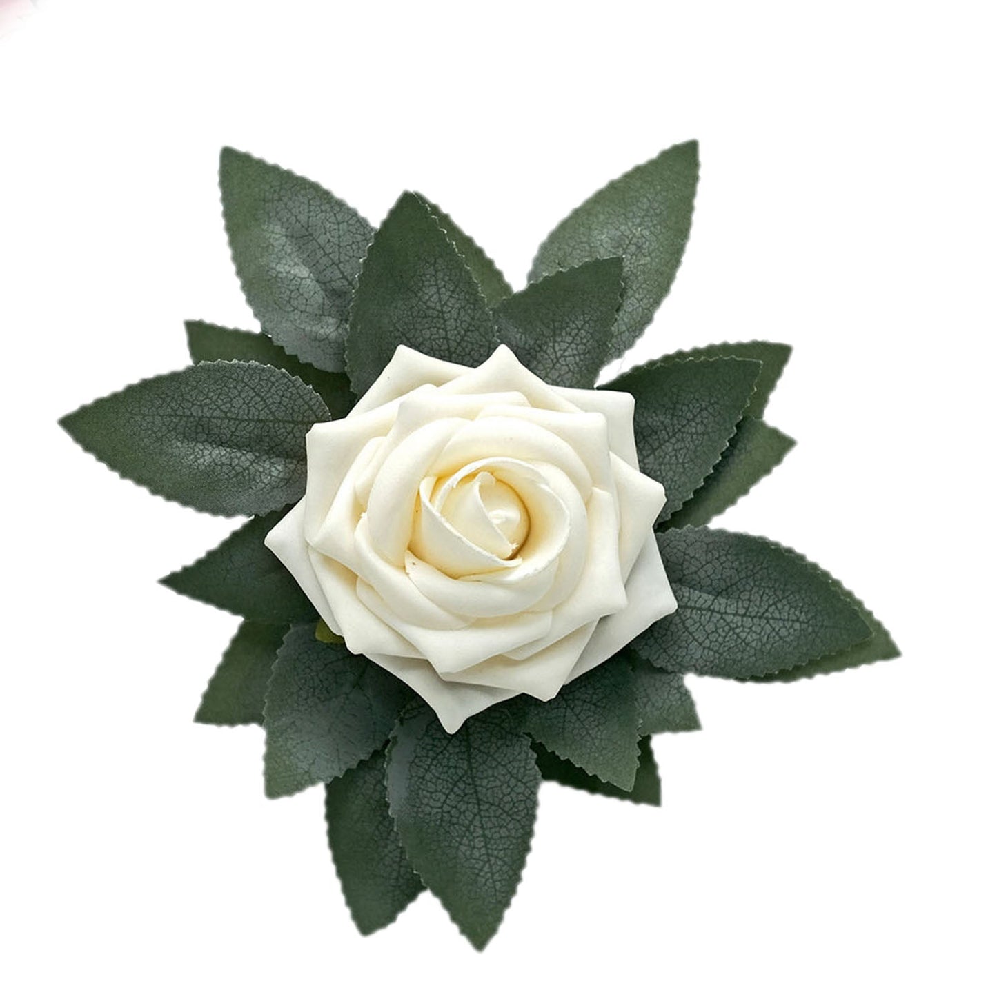 Frosted green artificial rose leaves for DIY wreaths and garlands.