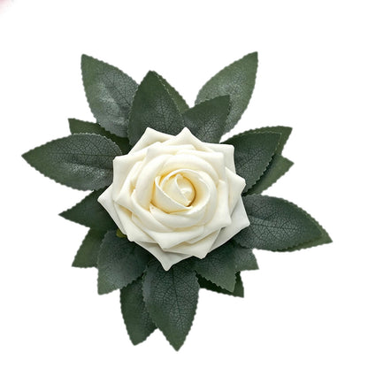 Frosted green artificial rose leaves for DIY wreaths and garlands.
