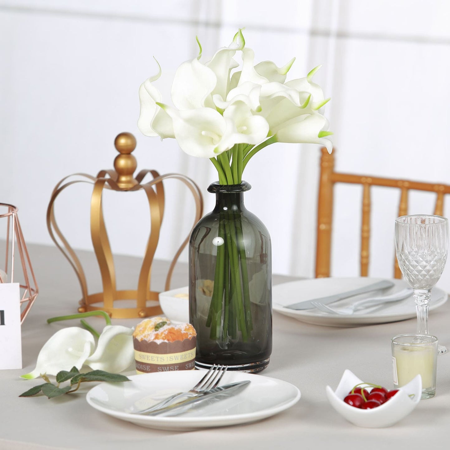 14" White Artificial Poly Foam Calla Lily Flowers in a vase on a dining table.