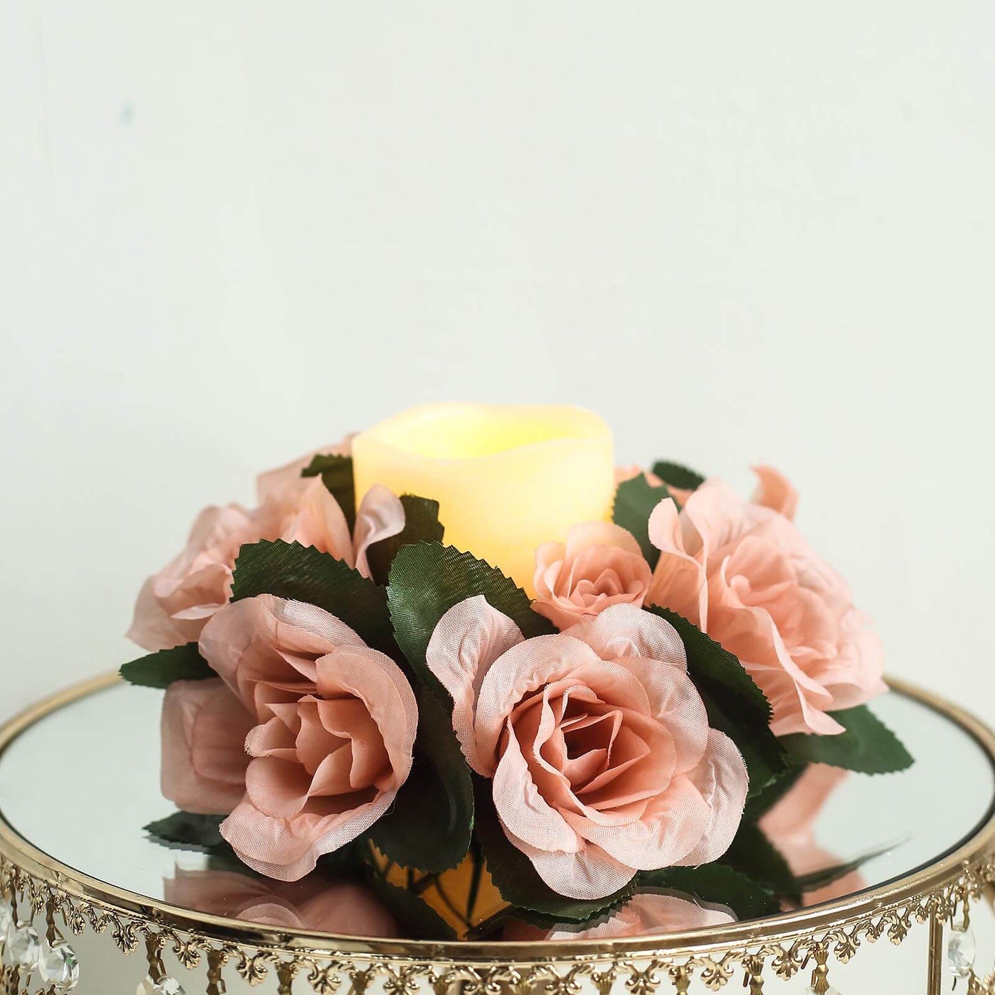 4 Pack | 3" Dusty Rose Artificial Silk Rose Flower Candle Ring Wreaths
