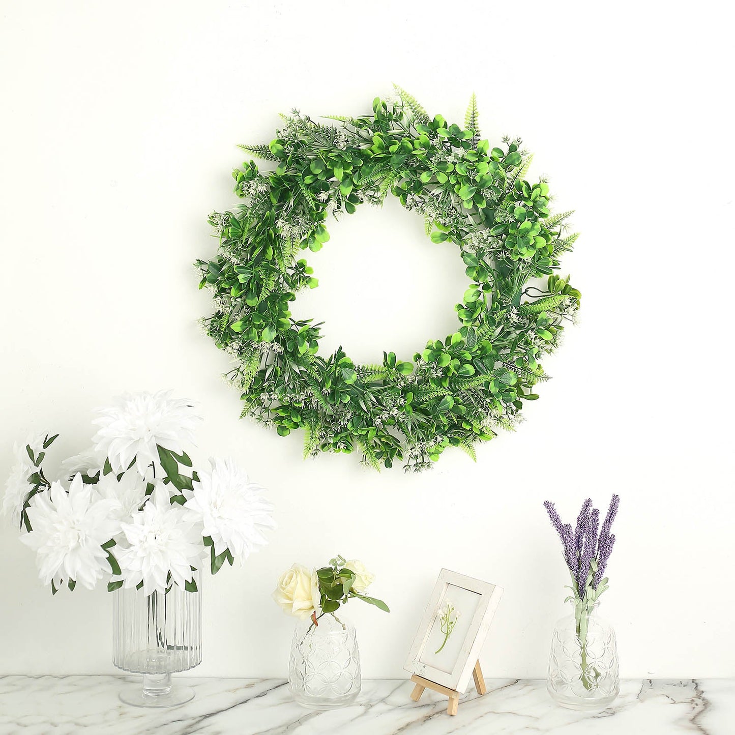 22" White/Green Artificial Boxwood Fern Mix Spring Wreath