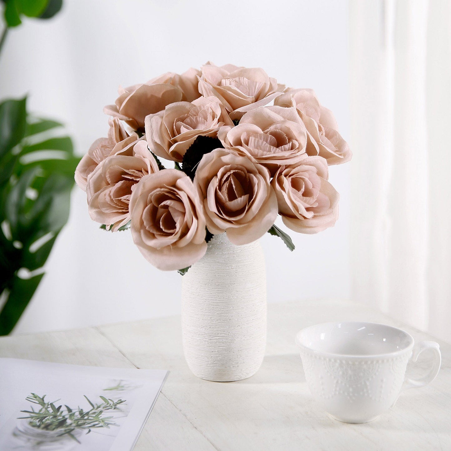 12" Dusty Rose Artificial Velvet-Like Fabric Rose Flower Bouquet Bush