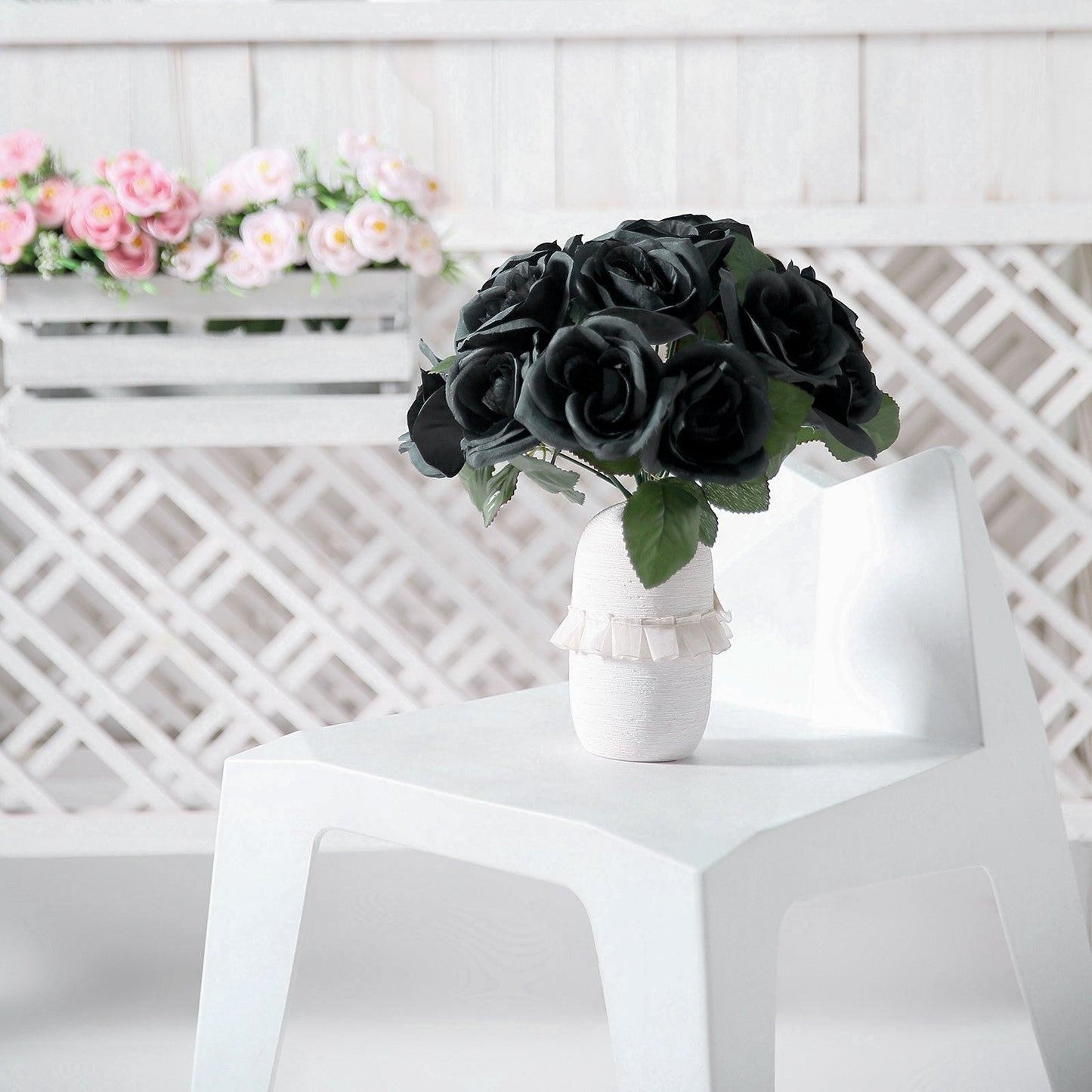 Artificial Velvet Like Fabric Rose Flower Bouquet Bush In Black 12 Inch