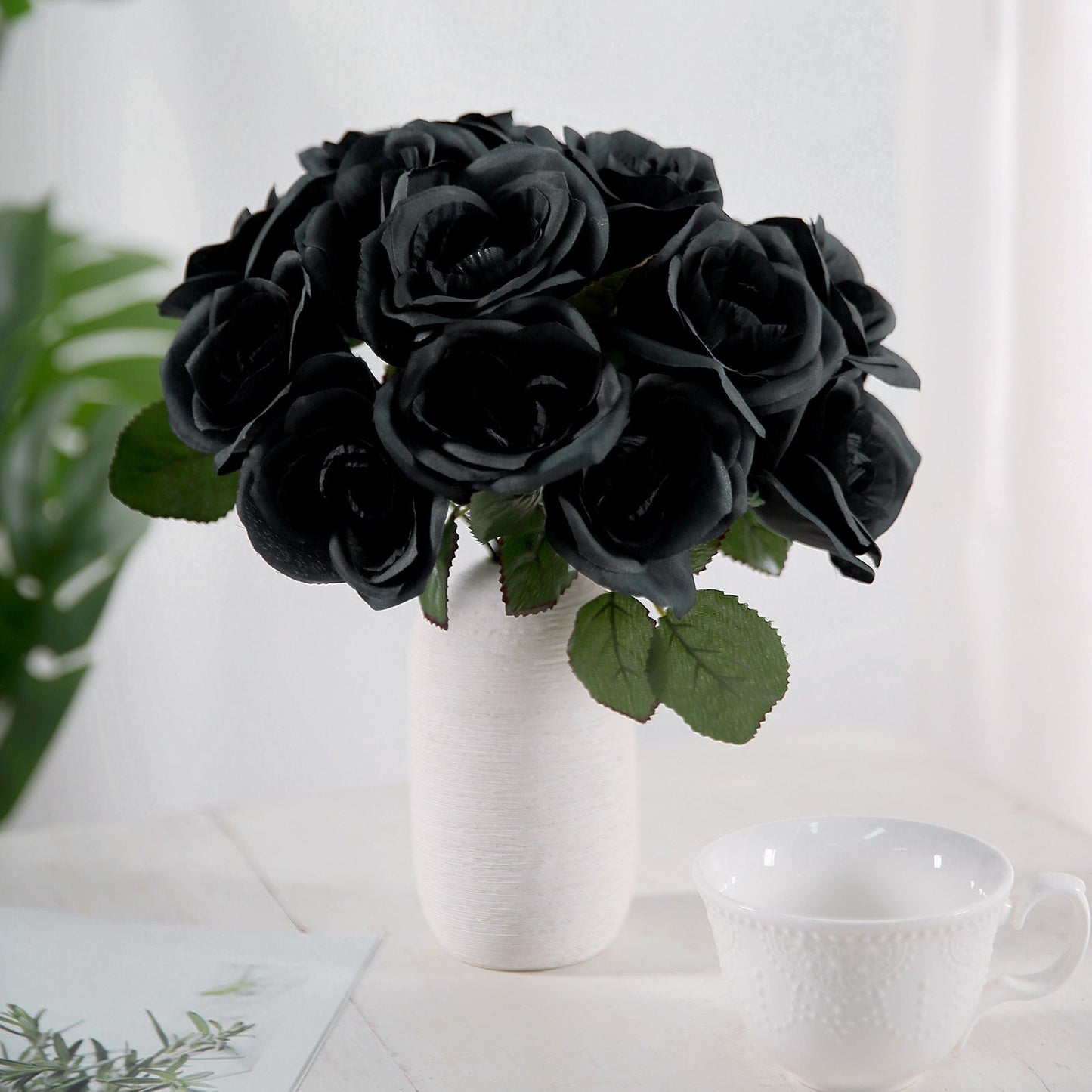 12" Black Artificial Velvet-Like Fabric Rose Flower Bouquet Bush