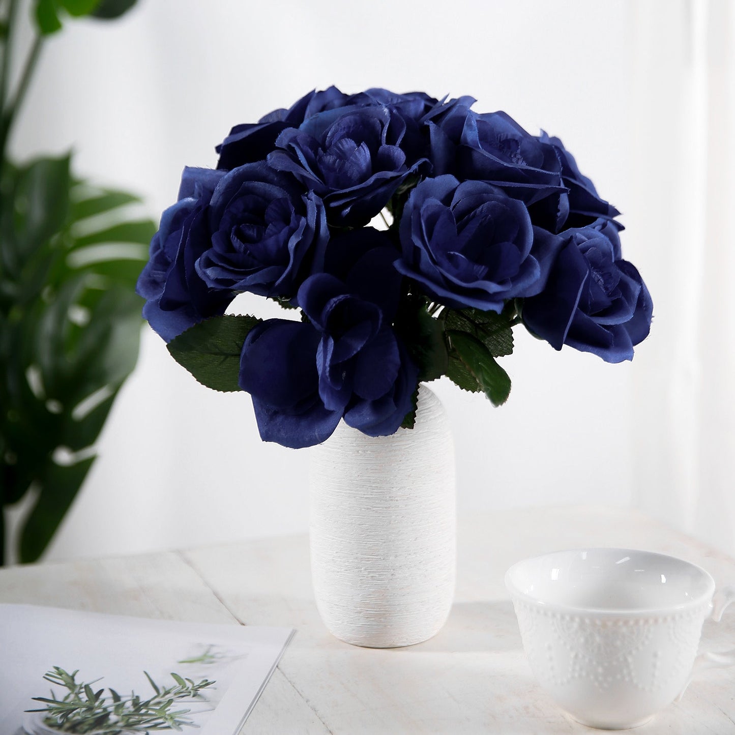 12" Navy Blue Artificial Velvet-Like Fabric Rose Flower Bouquet Bush