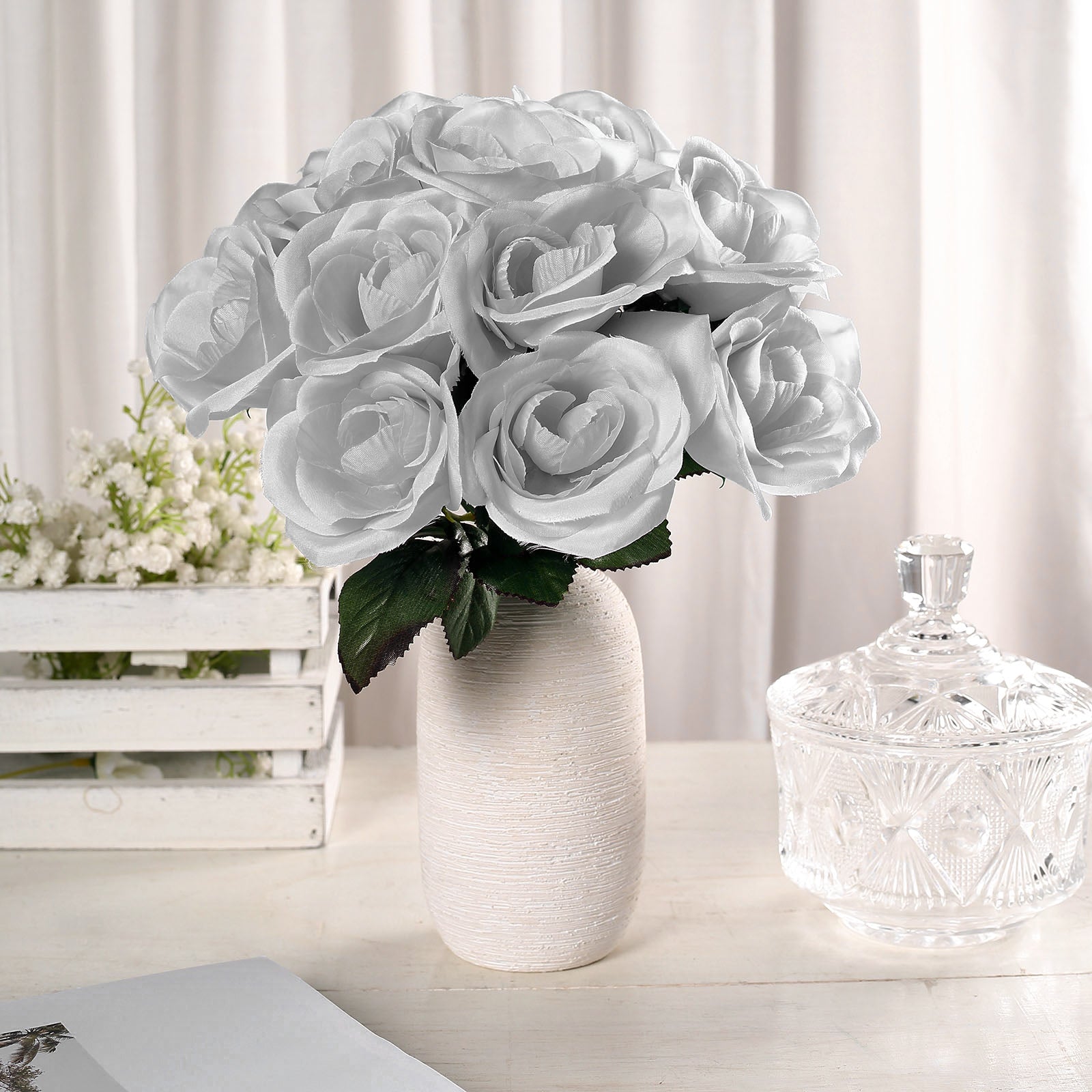 12inches Silver Artificial Velvet-Like Fabric Rose Flower Bouquet Bush
