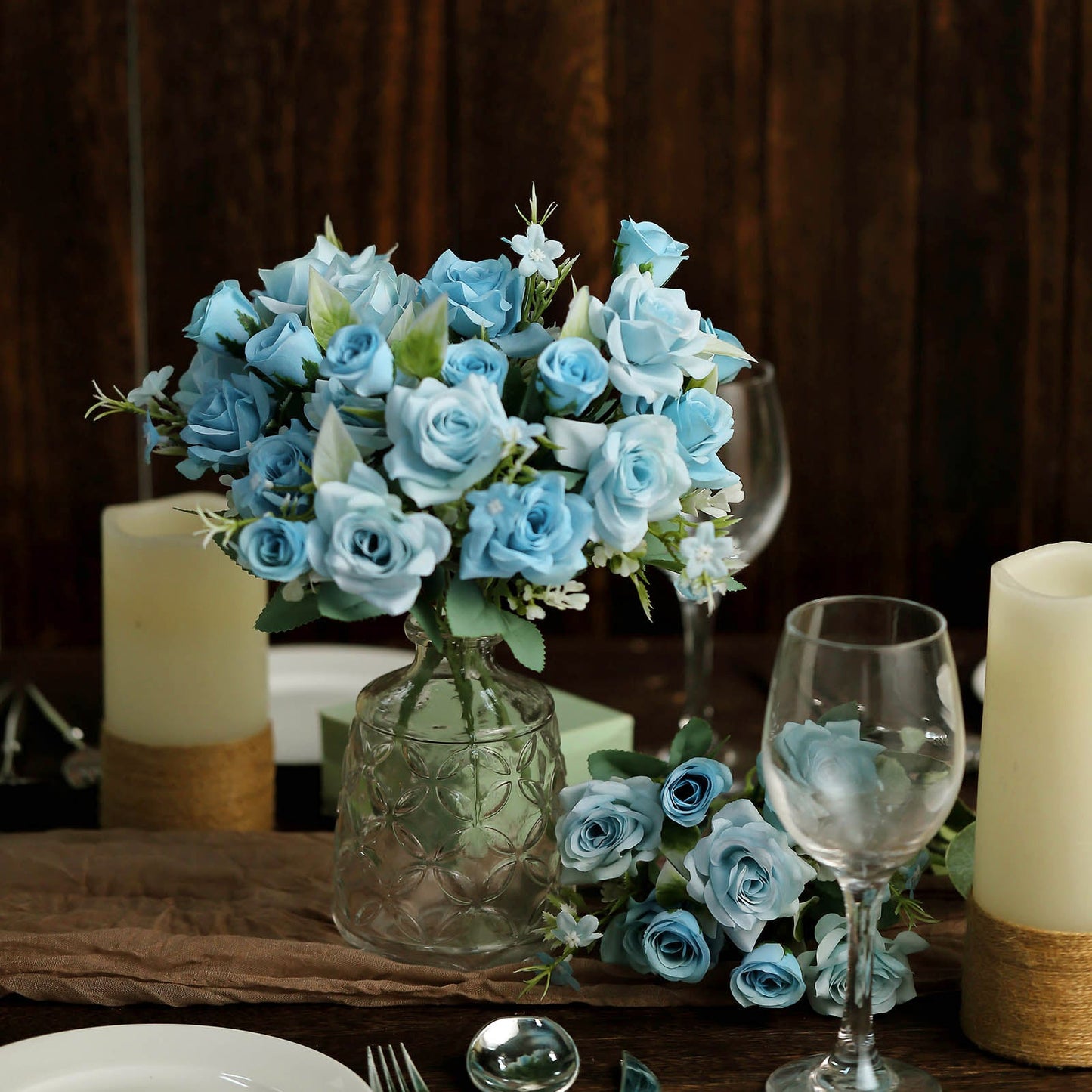 4 Bouquets Of Dusty Blue Artificial Rose Flowers 12 Inch