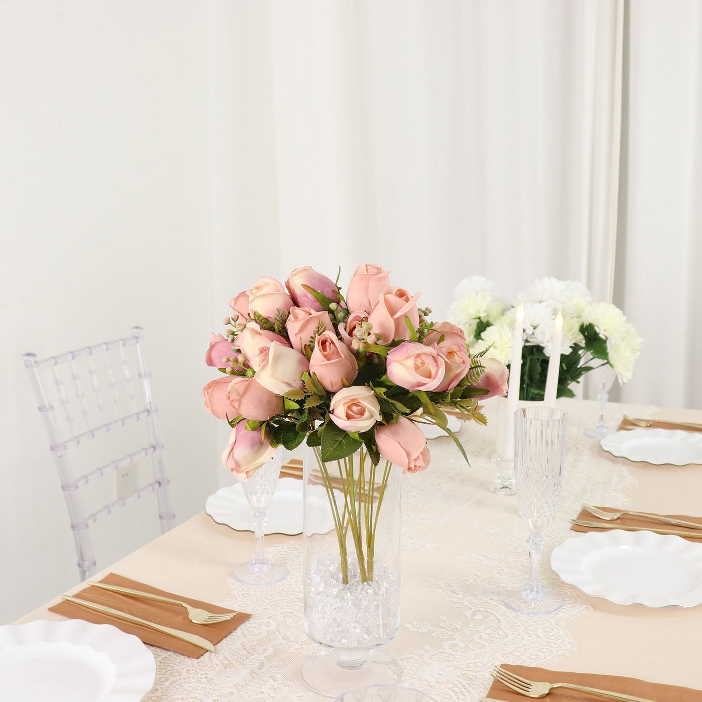 3 Pack | 13" Dusty Rose Real Touch Artificial Rose Bud Flower Bridal Bouquets, Silk Floral Bush Arrangements