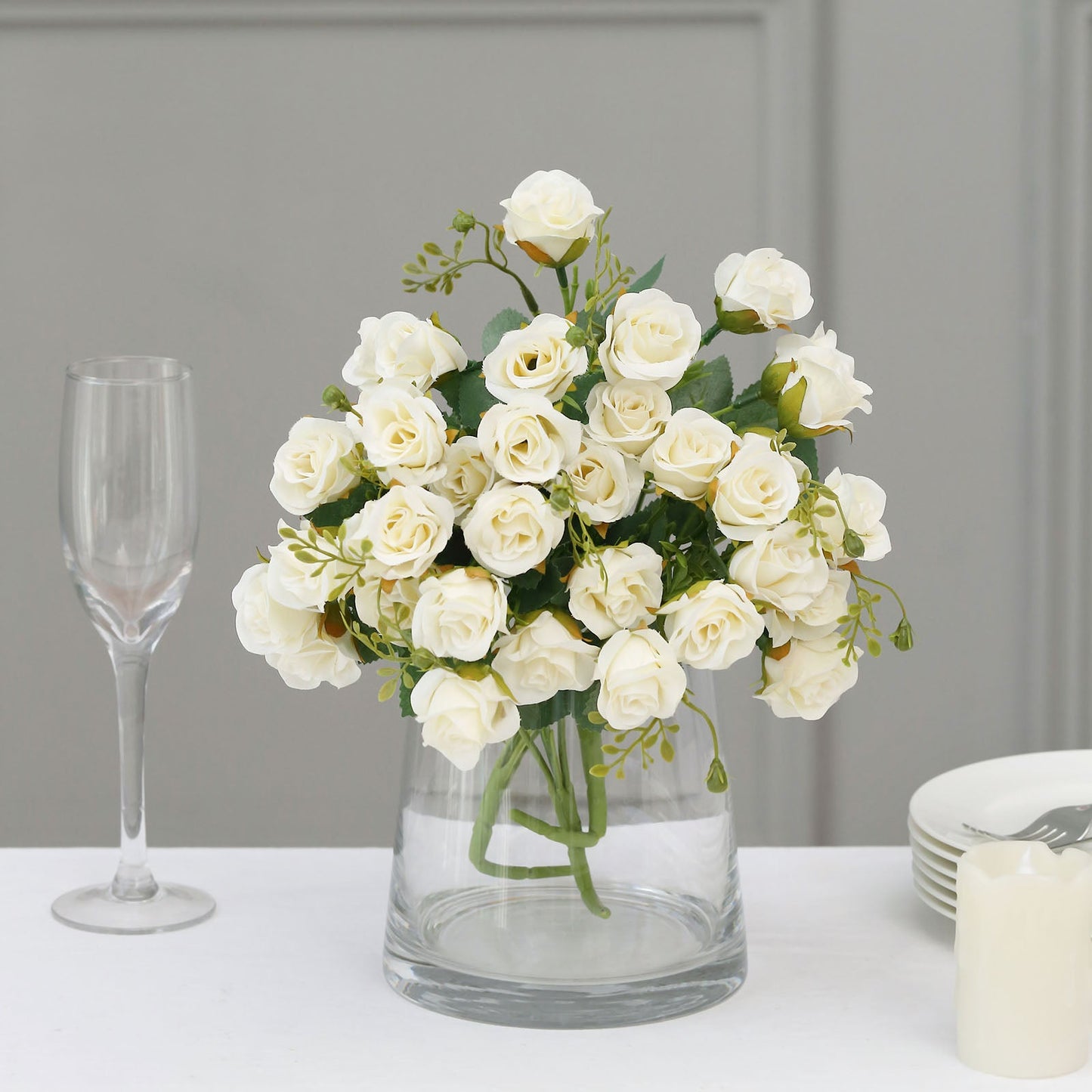 2 Pack | 12" Ivory Artificial Open Rose Flower Bouquets, Small Faux Floral Arrangements