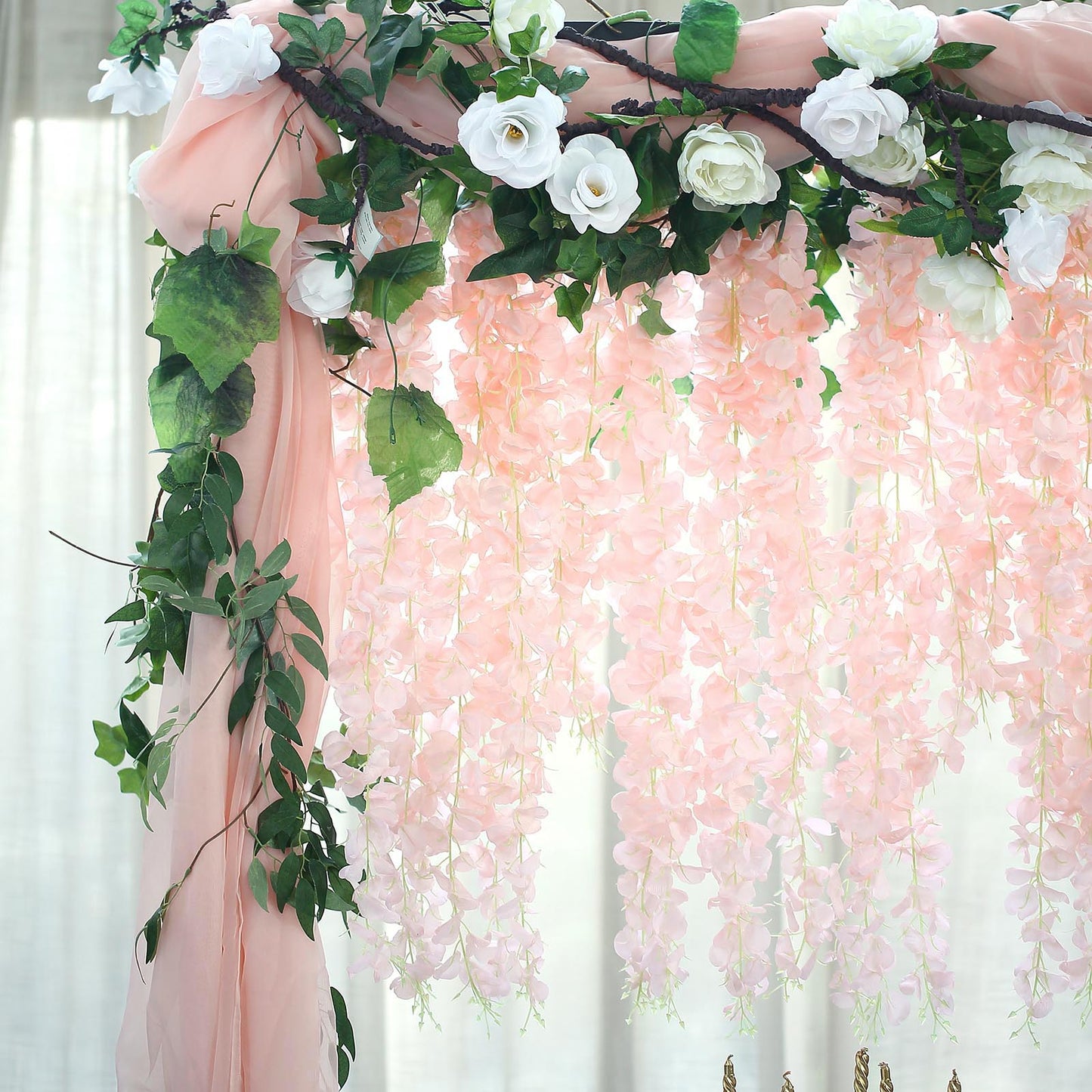 42" Silk Hanging Wisteria Flower Garland Vines in Blush, Elaborated 5 Full Strands in 1 Bush