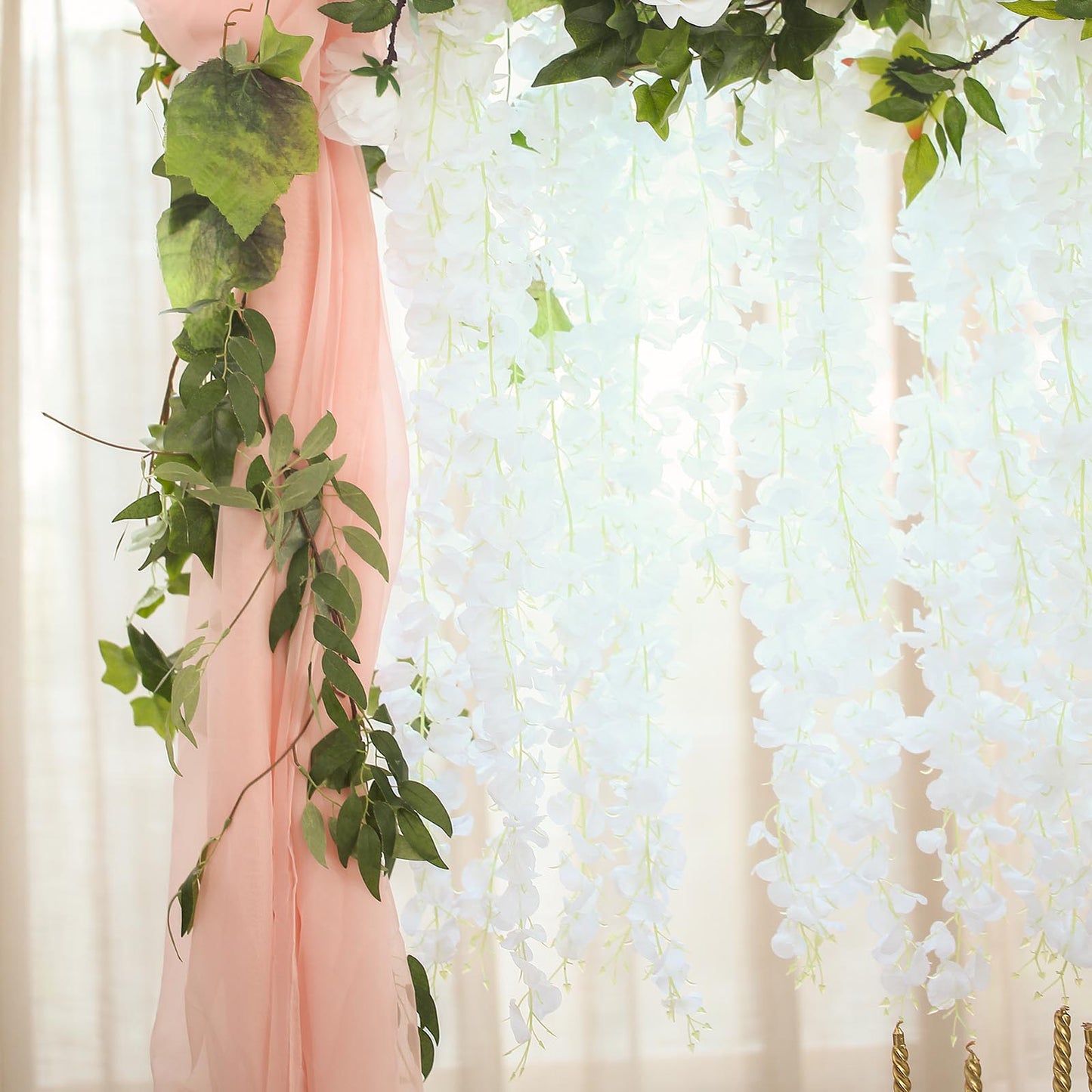 42" Silk Hanging Wisteria Flower Garland Vines in White, Elaborated 5 Full Strands in 1 Bush