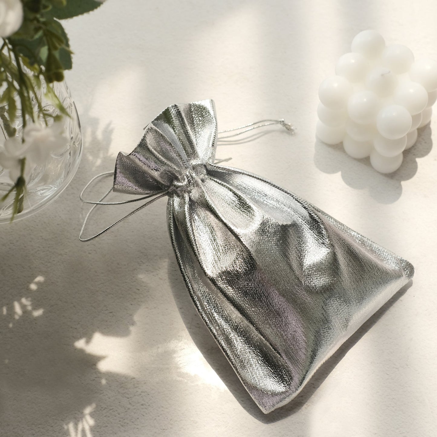 Shiny Fabric Silver Lame Metallic Polyester Drawstring Candy Pouch Gift Bags 5 Inch x 7 Inch   
