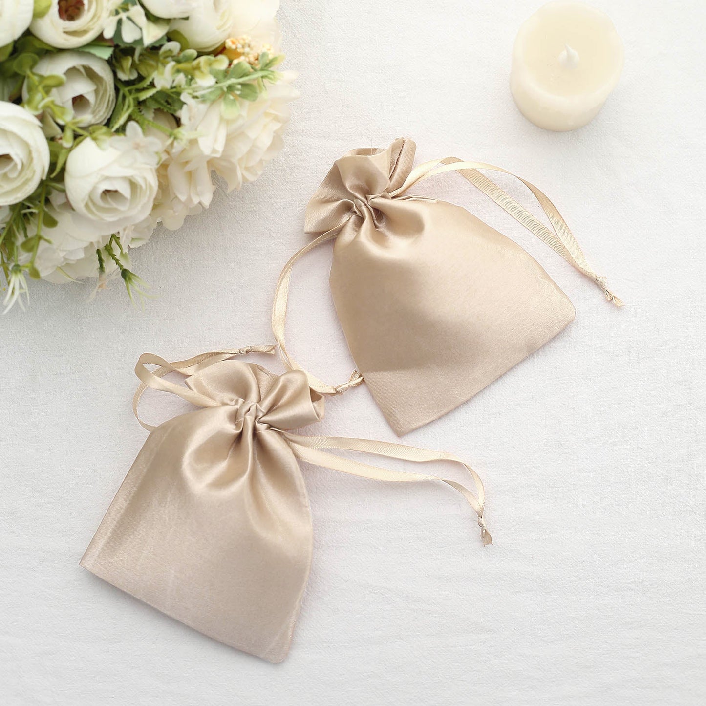 12 Pack | 4"x6" Beige Satin Drawstring Wedding Party Favor Gift Bags