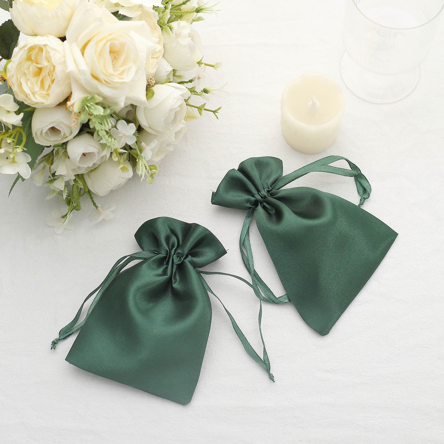 12 Pack | 4"x6" Hunter Emerald Green Satin Wedding Party Favor Bags, Drawstring Pouch Gift Bags