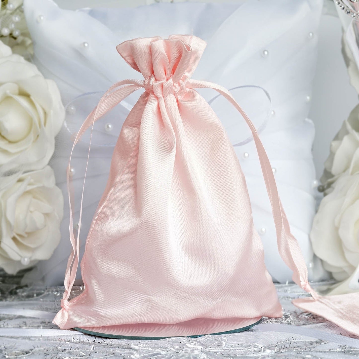 12 Pack 5"x7" Blush Satin Wedding Party Favor Bags, Drawstring Pouch Gift Bags