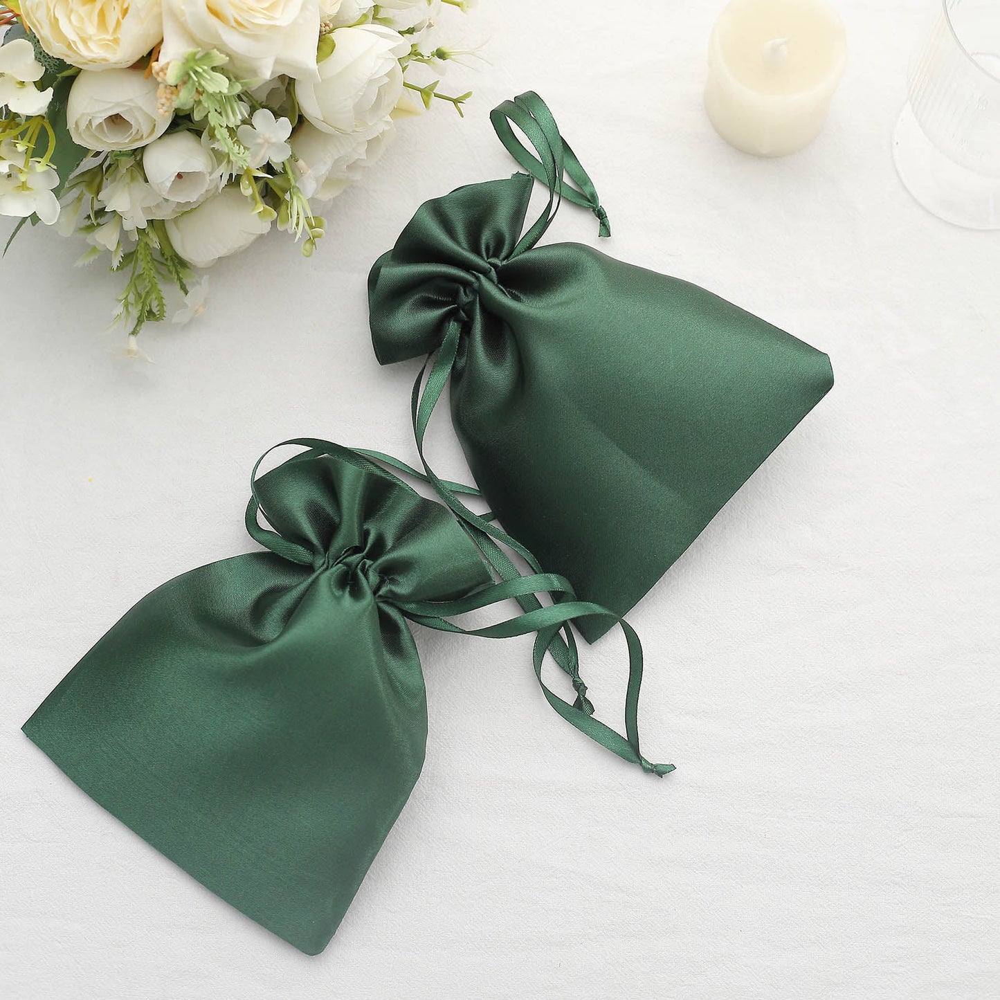 12 Pack | 5"x7" Hunter Emerald Green Satin Wedding Party Favor Bags, Drawstring Pouch Gift Bags